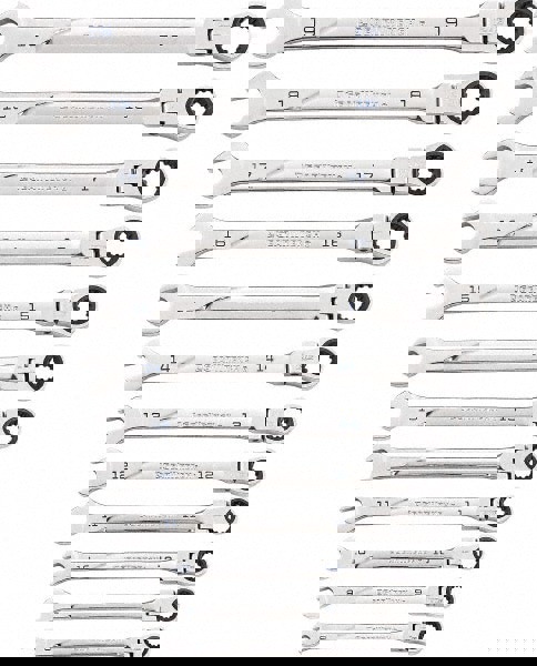 Ratcheting Flexhead Combination Wrench Set: 12 Pc, 10 mm 11 mm 12 mm 13 mm 14 mm 15 mm 16 mm 17 mm 18 mm 19 mm 8 mm & 9 mm Wrench, Metric