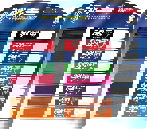 Pack of 8 Low Odor Fine Tip Dry Erase Markers, Black, Blue, Brown, Green, Orange, Pink, Purple & Red