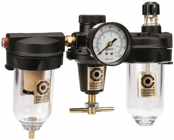 FRL Combination Unit: 1/4 NPT, Heavy-Duty, 3 Pc Filter-Regulator-Lubricator with Pressure Gauge