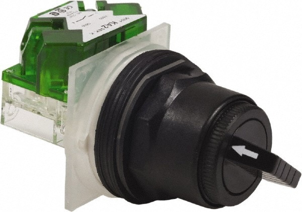 Selector Switch: 2 Positions, Maintained (MA), 600Vac, 10 Amp, Black Knob & Push Button