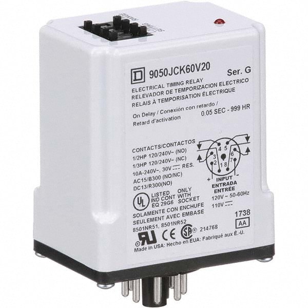 8 Pin, 999 hr Delay, Multiple Range DPDT Time Delay Relay