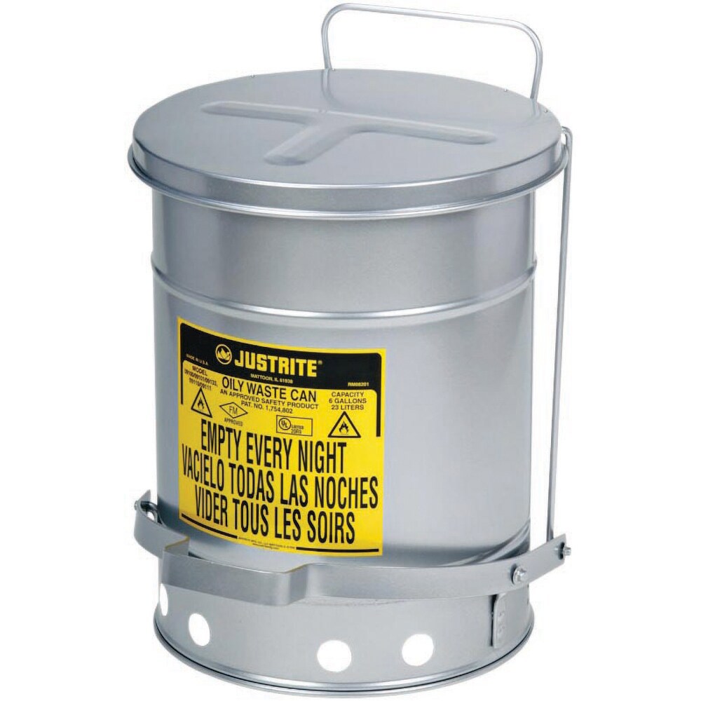 Oily Waste Cans & Receptacles; Capacity: 6.000 ; Material: Steel ; Color: Silver ; Opening Style: Foot Operated ; Overall Height: 15.875in ; Overall Diameter: 11.875in