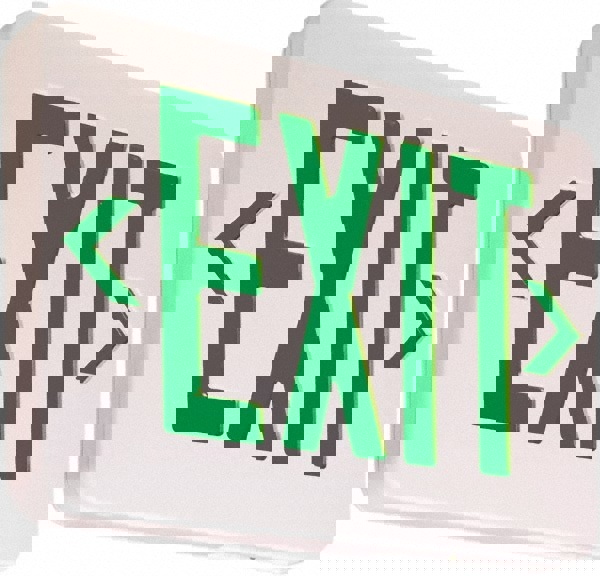 Illuminated Exit Signs; Number of Faces: 1; Light Technology: LED; Letter Color: Green; Mount Type: Universal Mount; Housing Material: Polycarbonate; Housing Color: White; Battery Type: Nickel Cadmium; Wattage: 22 W; Overall Length: 12 in; Overall Length