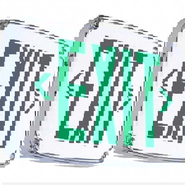 Illuminated Exit Signs; Number of Faces: 2; Light Technology: LED; Letter Color: Green; Mount Type: Surface Mount; Housing Material: Thermoplastic; Housing Color: White; Battery Type: Sealed Nickel Cadmium; Wattage: 2.7 W; Overall Length: 2.5 in; Overall