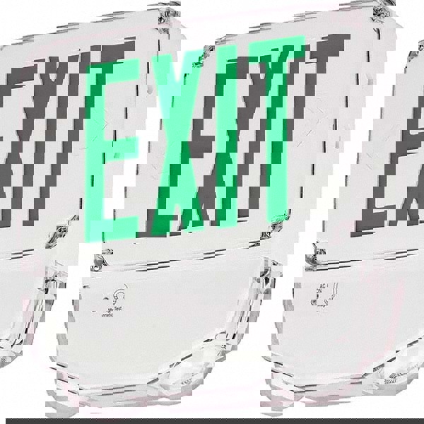 Illuminated Exit Signs; Number of Faces: 2; Light Technology: LED; Letter Color: Green; Mount Type: Surface Mount; Housing Material: Polycarbonate; Housing Color: White; Battery Type: Sealed Nickel Cadmium; Wattage: 5.2 W; Overall Length: 4.09 in; Overall
