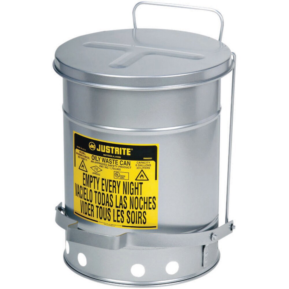 Oily Waste Cans & Receptacles; Capacity: 14.000 ; Material: Steel ; Color: Silver ; Opening Style: Foot Operated ; Overall Height: 20.25in ; Overall Diameter: 16.063in