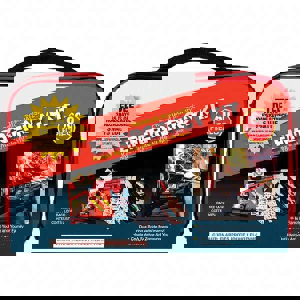 Emergency Roadside Kits; Includes: (2) Carrying Cases;(2) Knit Gloves;(2) Light Sticks;(3) 15-minute Flares;(3) Shop Cloths;(6) Cable Ties First Aid Products;Bright Safety Vest;Combination Tool;Duct Tape;Premium Jumper Cable (8 10 Gauge);Rain Poncho