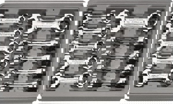 Ratcheting Combination Wrench Set: 10 Pc, 10 mm 11 mm 12 mm 13 mm 14 mm 15 mm 16 mm 17 mm 18 mm & 19 mm Wrench, Metric