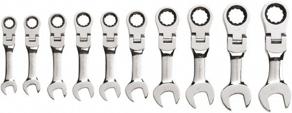Flex Head Combination Wrench Set: 10 Pc, Metric