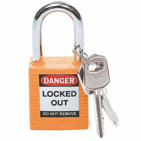 Lockout Padlock: Keyed Different, Key Retaining, Nylon, Steel Shackle, Orange