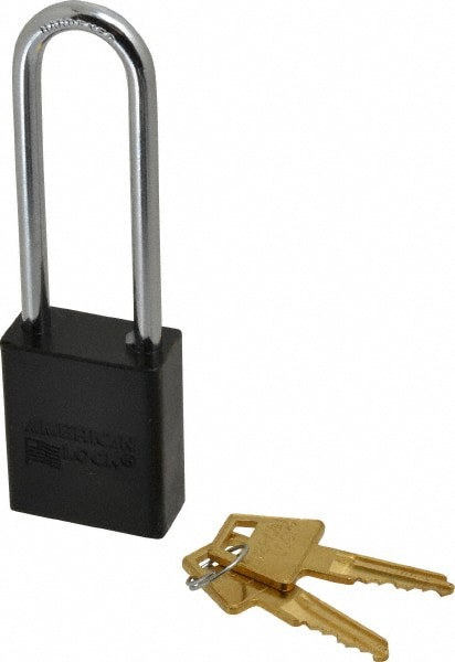 Lockout Padlock: Keyed Alike, Aluminum, 3.0000 High, Steel Shackle, Black