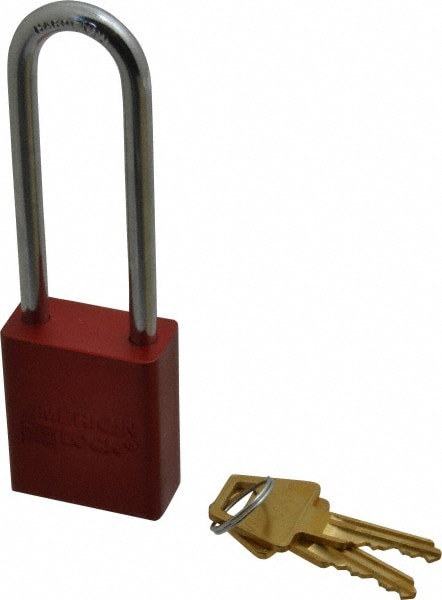 Lockout Padlock: Keyed Alike, Aluminum, 3.0000 High, Steel Shackle, Red