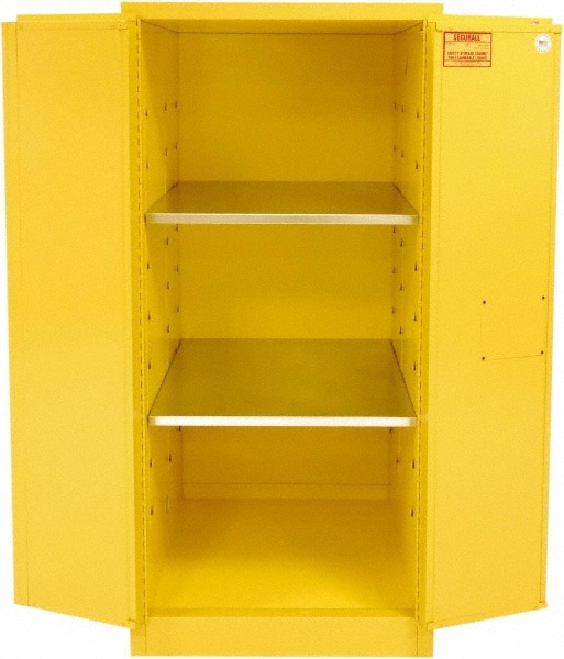 Flammable & Hazardous Storage Cabinets: 60 gal Drum, 2 Door, 2 Shelf, Manual Closing, Yellow
