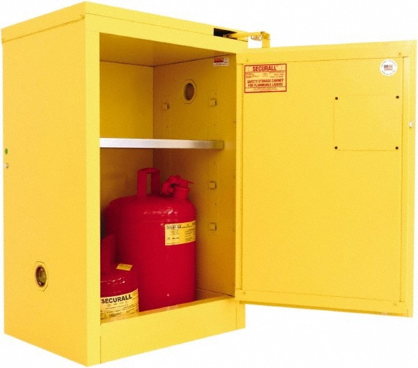 Flammable & Hazardous Storage Cabinets: 12 gal Drum, 1 Door, 1 Shelf, Self Closing, Yellow