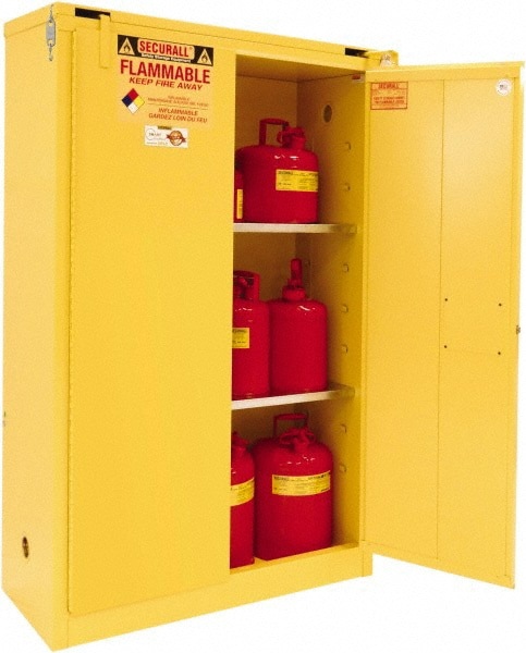 Flammable & Hazardous Storage Cabinets: 45 gal Drum, 2 Door, 2 Shelf, Self Closing, Yellow
