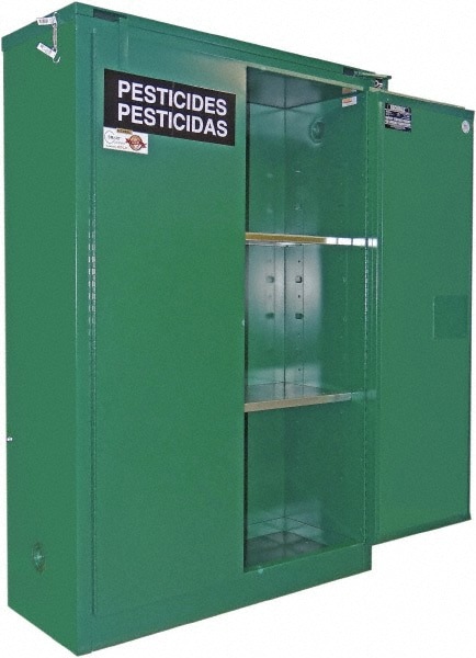 Flammable & Hazardous Storage Cabinets: 45 gal Drum, 2 Door, 2 Shelf, Manual Closing, Green