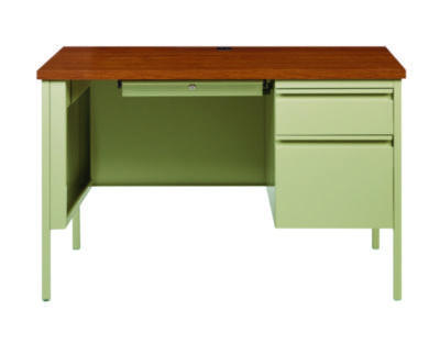 Office Desks; Desk Type: Right Pedestal ; Type: Single Pedestal ; Color: Cherry; Putty ; Material: Steel ; Top Material: Woodgrain Laminate ; Center Drawer: Yes