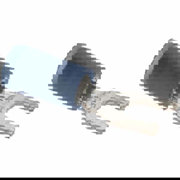 Locking Fork Terminal: Blue, Nylon, Partially Insulated, #8 Stud, Crimp