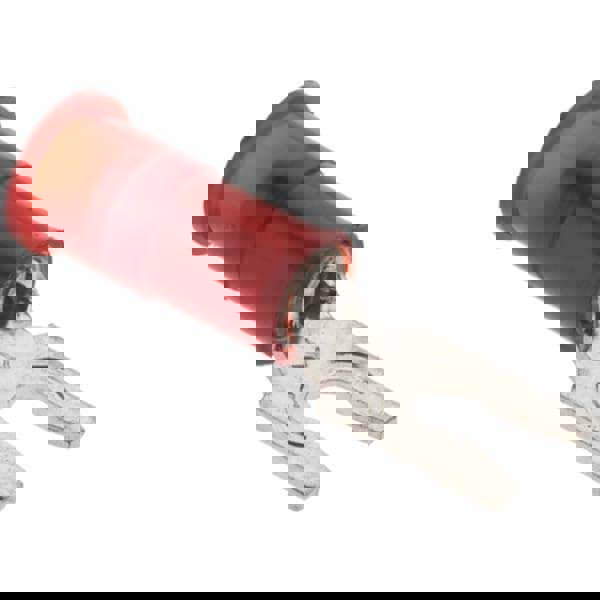 Locking Fork Terminal: Red, Nylon, Partially Insulated, #4 Stud, Crimp