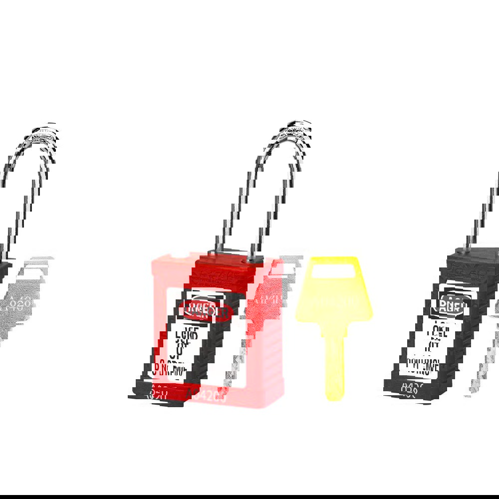 Lockout Padlock: Keyed Different, Thermoplastic, 1.5 High, Stainless Steel Shackle, Red