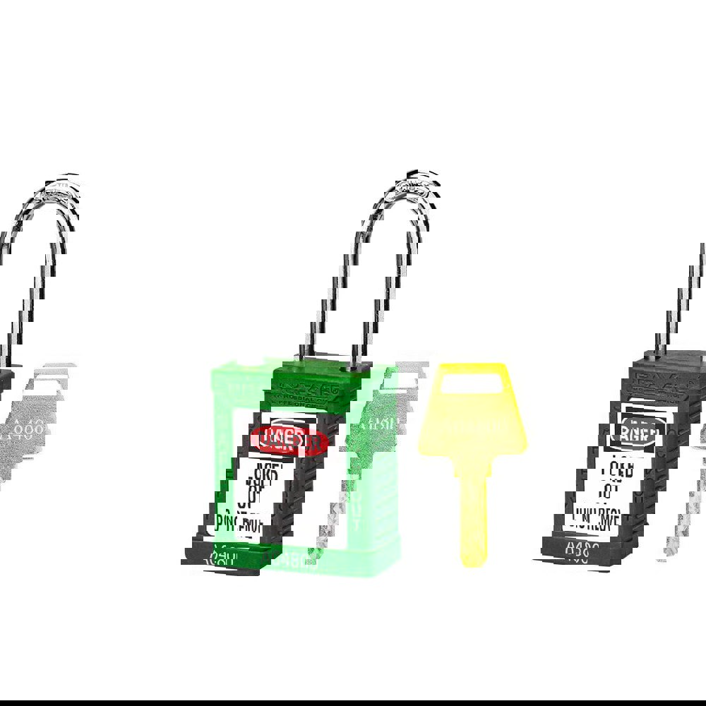 Lockout Padlock: Keyed Different, Thermoplastic, 1.5 High, Stainless Steel Shackle, Green