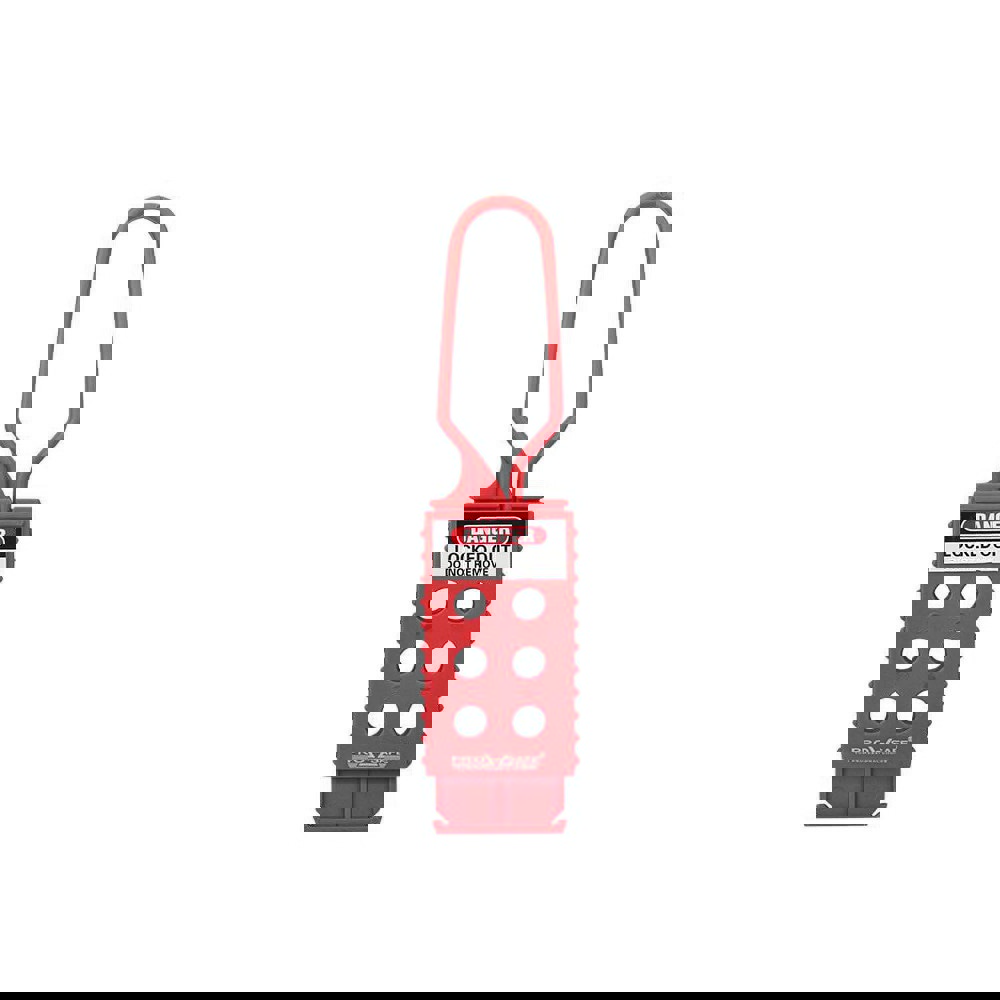 Lockout Hasps; Hasp Type: Scissor-Action ; Jaw Type: Single ; Maximum Number of Padlocks: 6 ; Material: Nylon ; Color: Red ; Inside Jaw Diameter: 2.5in