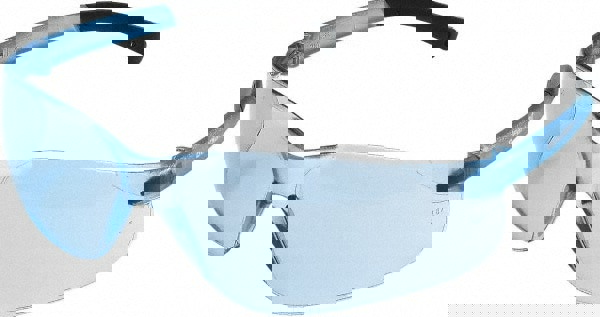 Safety Glasses: Scratch-Resistant, Polycarbonate, Blue Lenses, Frameless