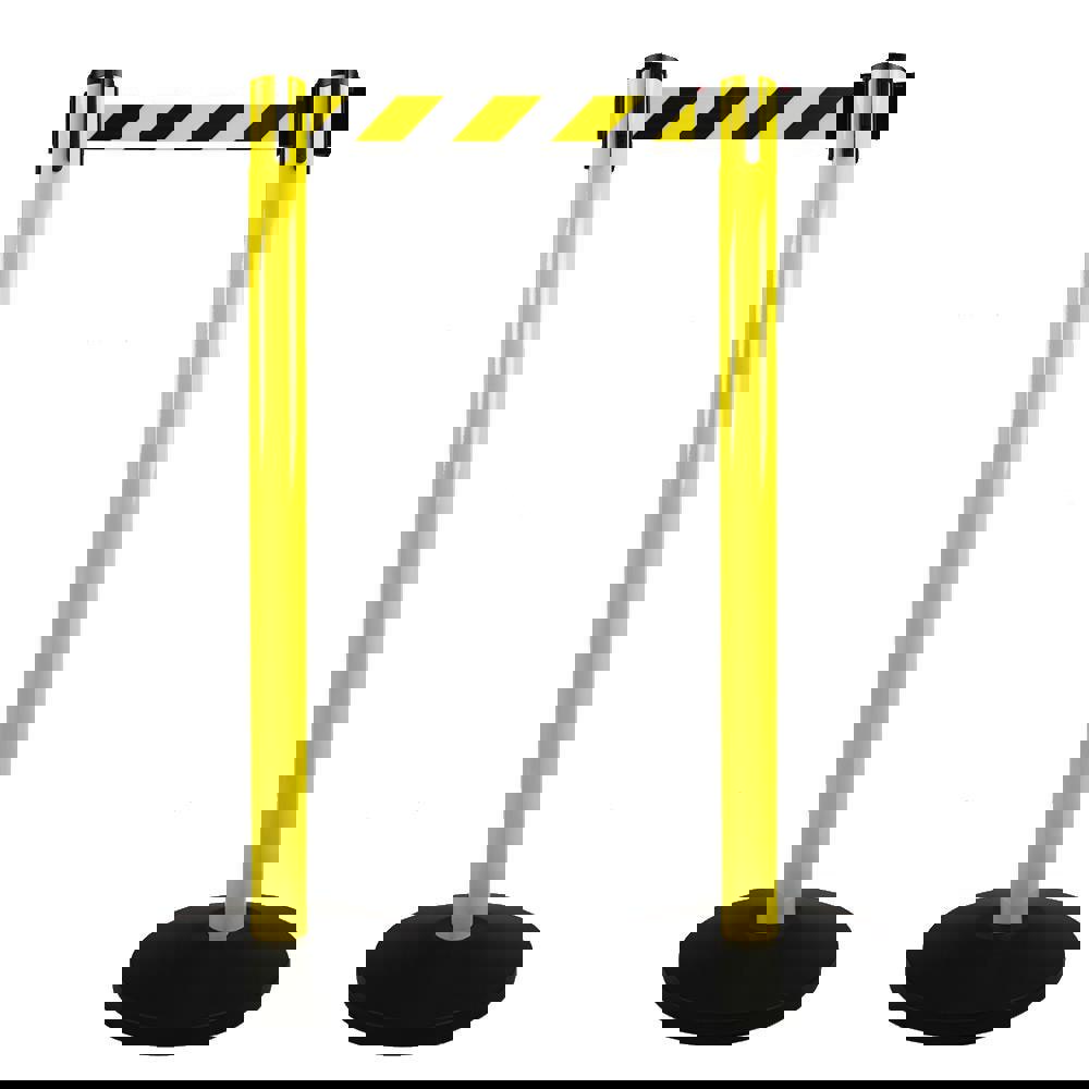 Retractable Belt Barrier Post: 10' Belt Length, Steel Post, Metal Base