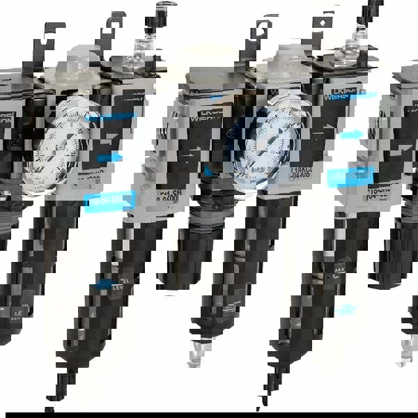 FRL Combination Unit: 3/8 NPT, Compact, 3 Pc Filter-Regulator-Lubricator with Pressure Gauge