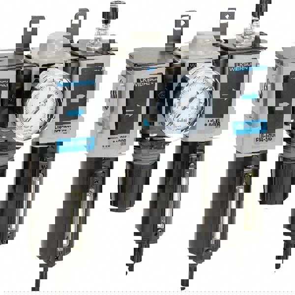 FRL Combination Unit: 3/8 NPT, Compact, 3 Pc Filter-Regulator-Lubricator with Pressure Gauge