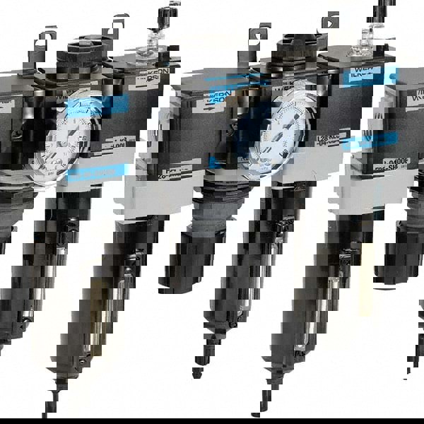 FRL Combination Unit: 3/8 NPT, Standard, 3 Pc Filter-Regulator-Lubricator with Pressure Gauge