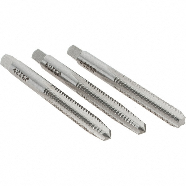 Tap Set: 1/4-20 UNC, 4 Flute, Bottoming Plug & Taper, High Speed Steel, Bright Finish