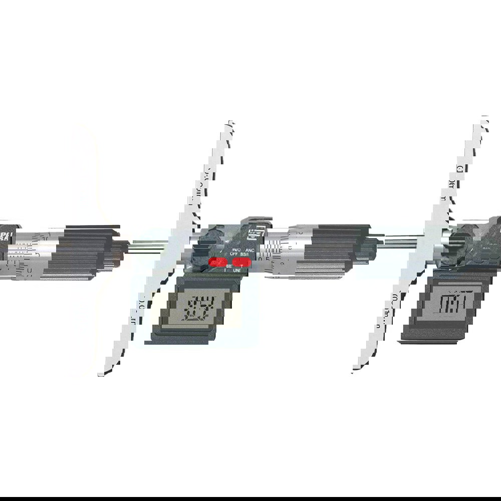 Electronic Depth Micrometers; Minimum Measurement (mm): 0; Maximum Measurement: 12.00; Resolution: 0.000; Maximum Measurement (Inch): 12.00; Base Style: Flat; Rod Type: Flat End; Base Length (Inch): 4.0000; Number of Rods: 12; Thimble Type: Ratchet; Lock