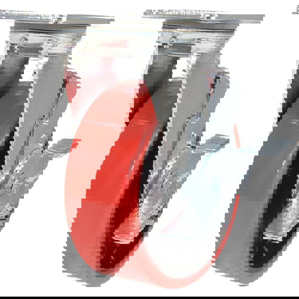 Standard Casters; With Brake, Mount: Holes; Bearing Type: Ball; Wheel Diameter (Inch): 5; Wheel Width (Inch): 2; Load Capacity (Lb. - 3 Decimals): 990.000; Wheel Material: Polyurethane; Wheel Color: Red; Overall Height (Inch): 6-1/2