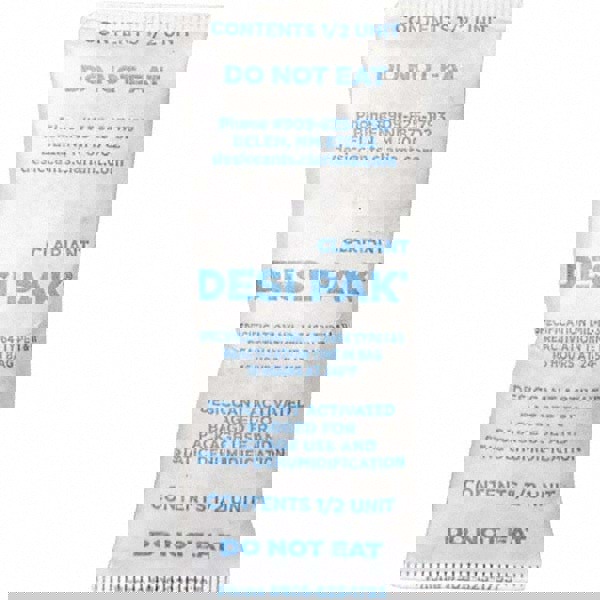 Desiccant Packets; Material: Clay ; Packet Size: 1/2 oz ; Container Type: Pail ; Area Protected: 0.42ft3 ; Number of Packs per Container: 550 ; UNSPSC Code: 41123003