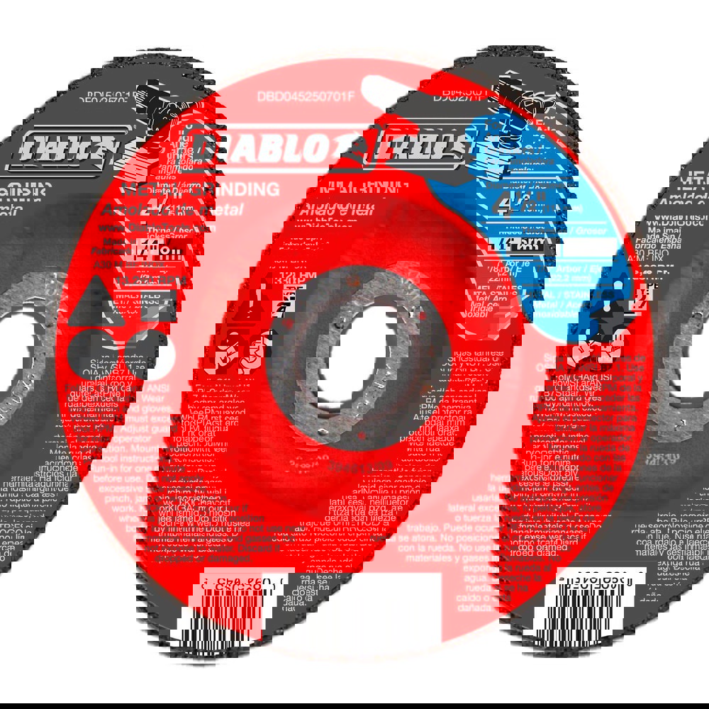 Depressed-Center Wheels; Wheel Diameter (Inch): 4-1/2 ; Wheel Thickness (Inch): 1/4 ; Hole Size: 7/8 (Inch); Wheel Type: Type 27 ; Maximum Rpm: 13280 ; UNSPSC Code: 23131503