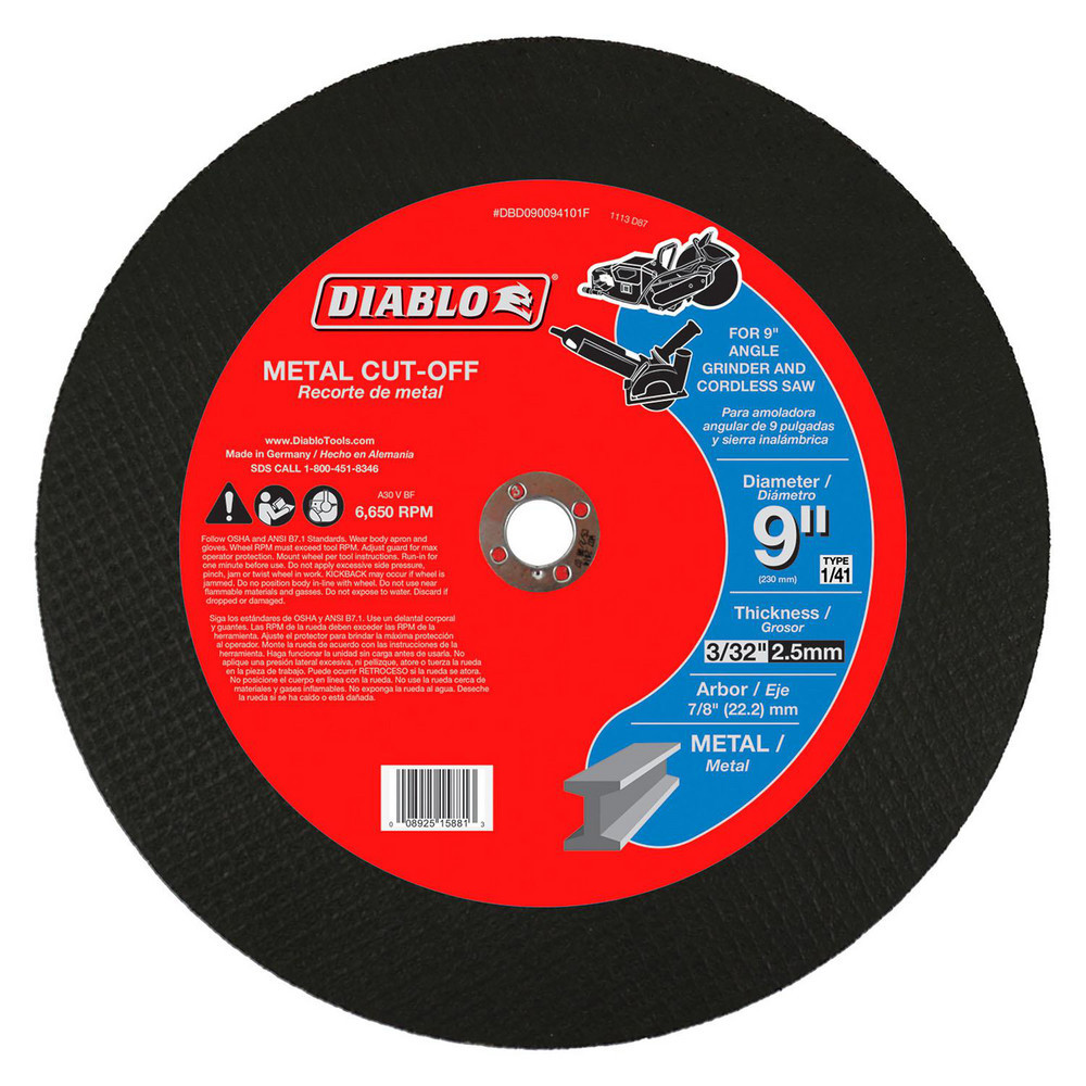 Cutoff Wheels; Wheel Diameter (Inch): 9 ; Wheel Thickness (Inch): 3/32 ; Hole Size (Inch): 7/8 ; Abrasive Material: Aluminum Oxide ; Reinforced: Reinforced ; Grit: 30