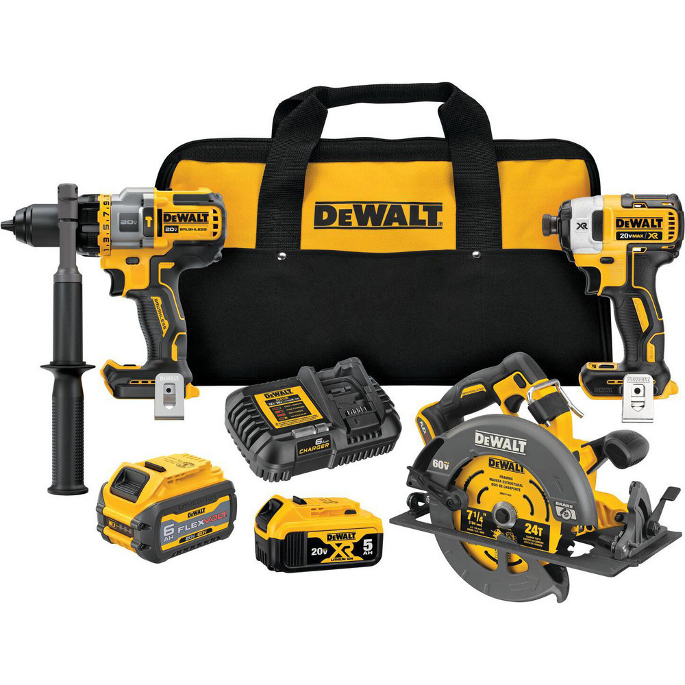 Cordless Tool Combination Kits; Kit Type: 20 Volt Cordless Tool Combination ; Tools: 1/2 in Brushless Cordless Hammer Drill/Driver; 1/4 in Brushless Cordless Impact Driver; Circular Saw ; Voltage: 20.00 ; Batteries Included: Yes