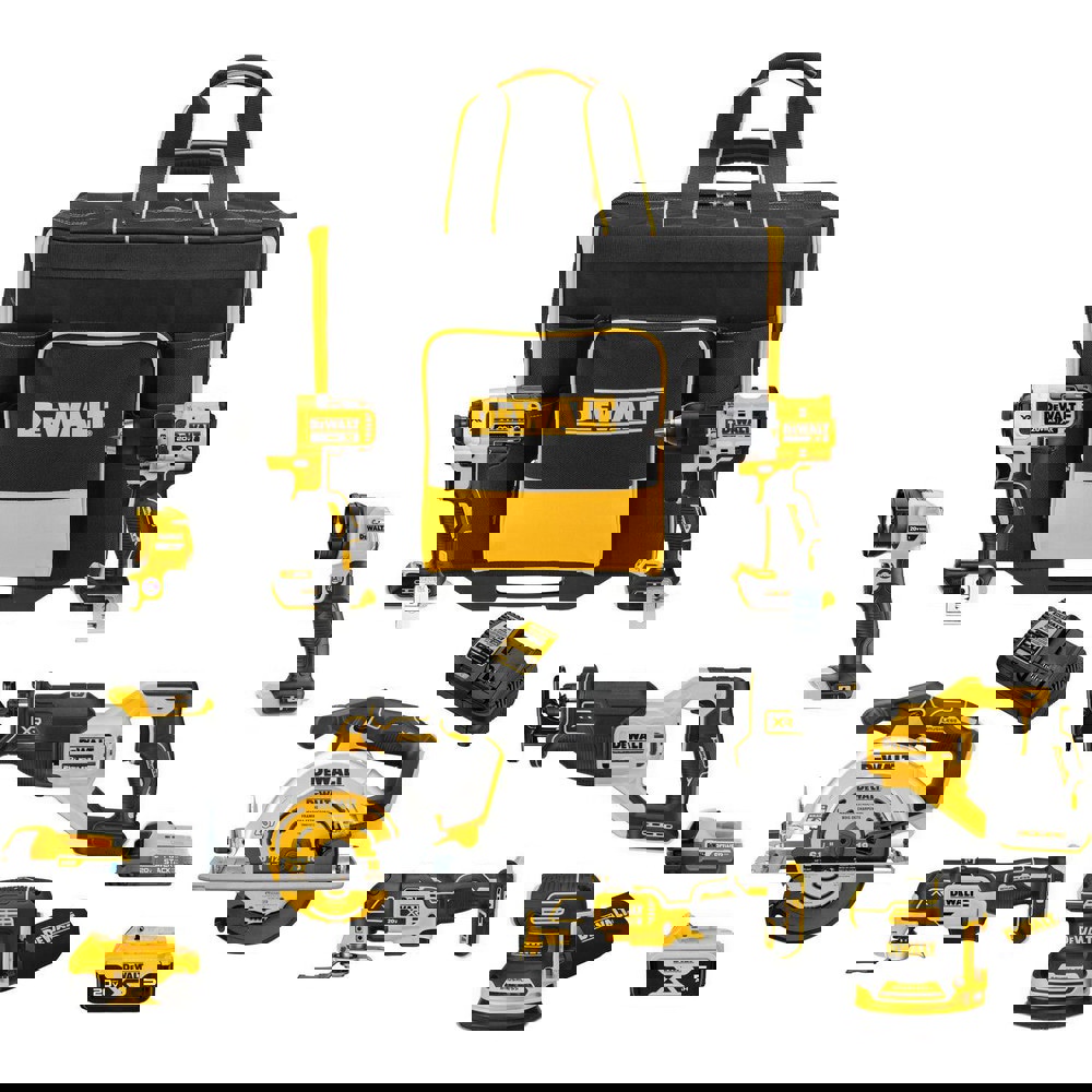 Cordless Tool Combination Kits; Kit Type: 20 Volt Cordless Tool Combination ; Tools: 1/2 in Brushless Hammer Drill/Driver; 1/4 in Impact Driver; Work Light; Multi-Tool; Random Orbital Sander; Circular Saw; Reciprocating Saw ; Voltage: 20.00