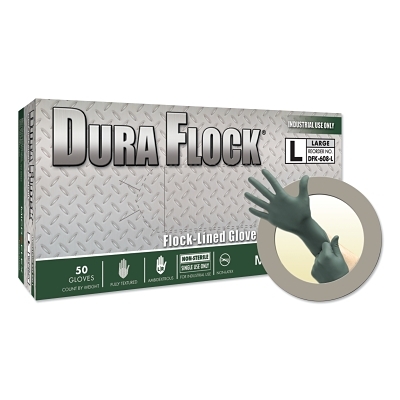 Series Microflex Dura Flock Disposable Gloves: Size Large, 11.4 mil, Uncoated-Coated Nitrile, Industrial Grade, Unpowdered