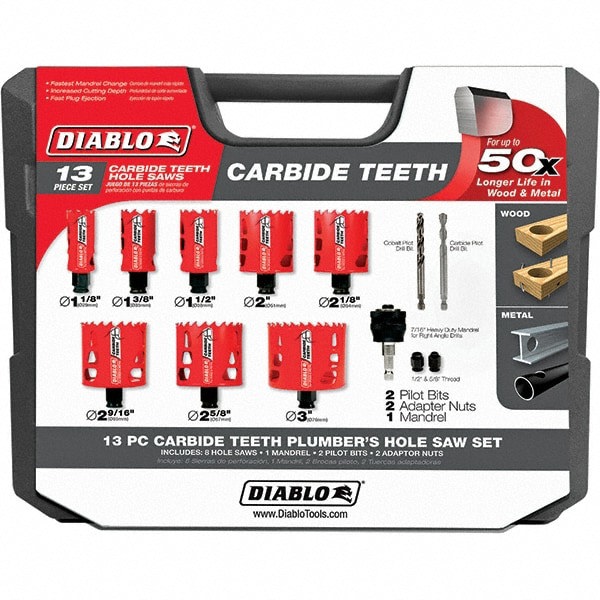 Plumber Hole Saw Kit: 13 Pc, 1-1/8 to 3