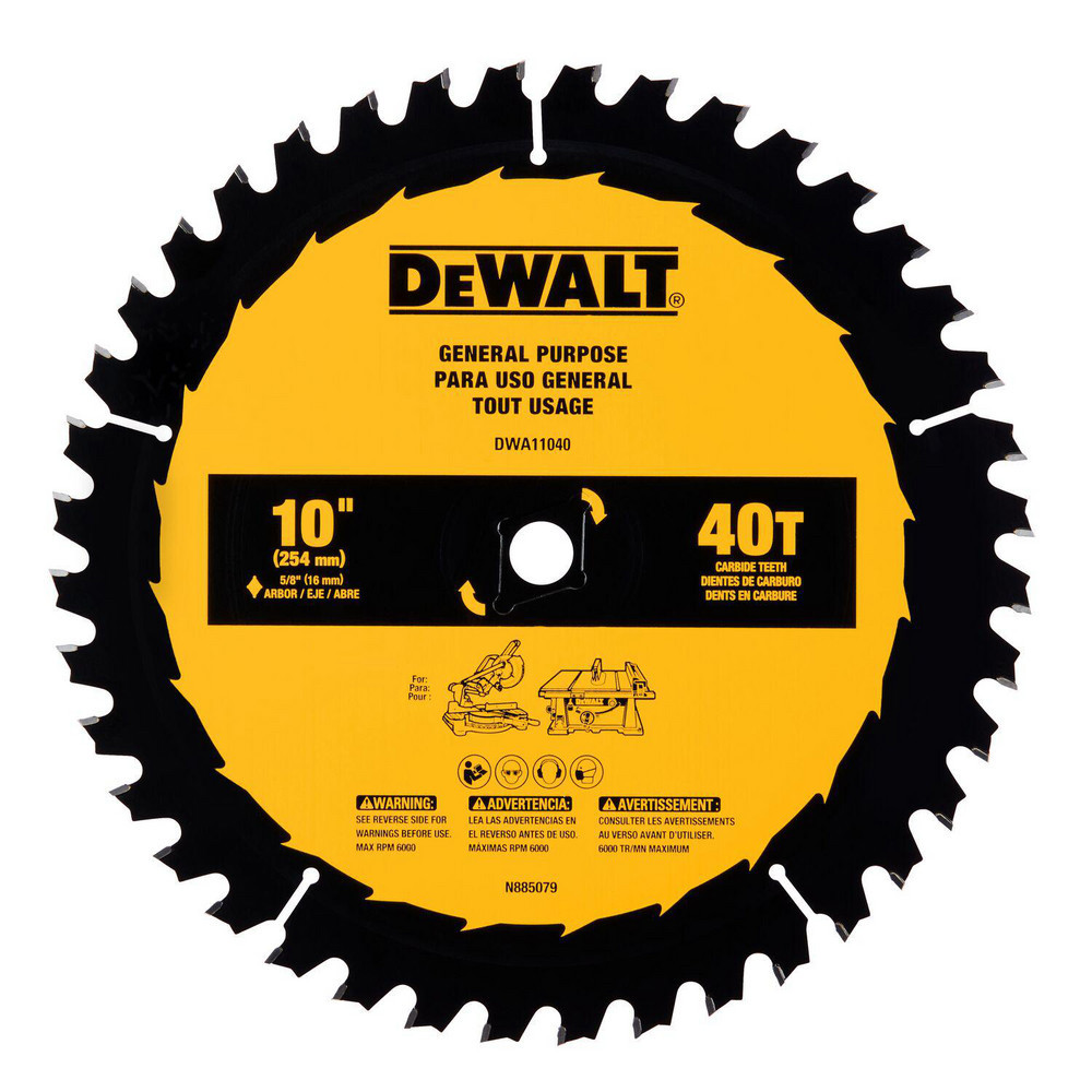 Wet & Dry-Cut Saw Blades; Blade Diameter (Inch): 10 ; Blade Material: Carbide ; Blade Thickness (Decimal Inch): 0.0629 ; Arbor Hole Diameter (Inch): 5/8 ; Number of Teeth: 40 ; Arbor Style: Round with Diamond Knockout