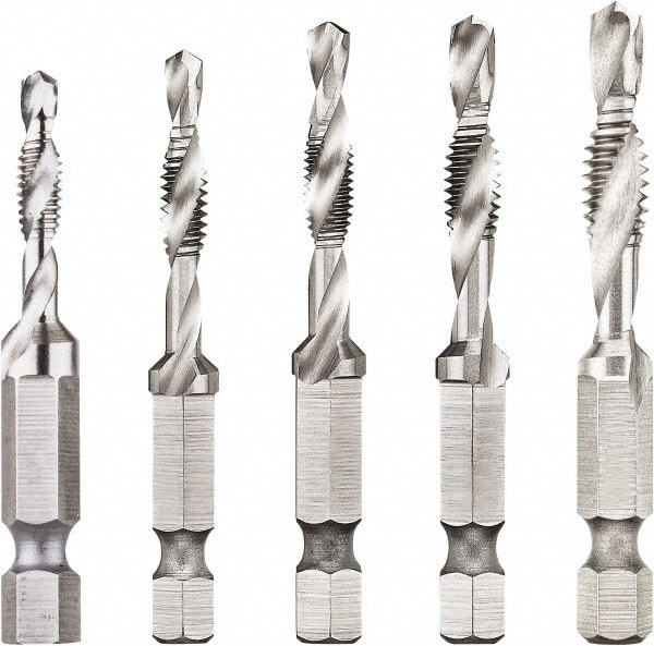 Combination Drill & Tap Sets; Minimum Thread Size: #8-32 in ; Maximum Thread Size: 1/4-20 in ; Thread Standard: UNC ; Number Of Flutes: 2.0 ; Material: Carbon Steel ; Number Of Pieces: 5