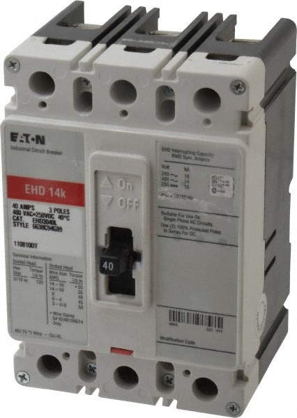 40 Amp, 250 VDC, 480 VAC, 3 Pole, Molded Case Circuit Breaker