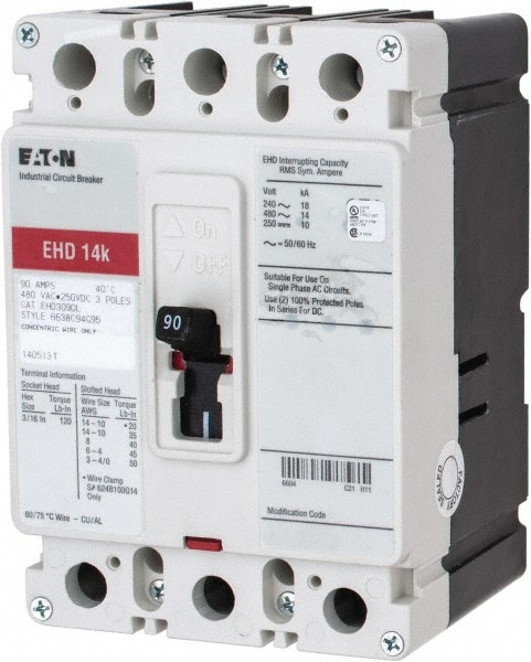 90 Amp, 250 VDC, 480 VAC, 3 Pole, Molded Case Circuit Breaker