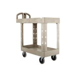 BRUTE Heavy Duty 2-Shelf Utility/Service Cart, Small, Lipped Shelves, Ergonomic Handle, 500 lbs. Capacity, Beige