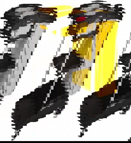 Industrial High Capacity Storage Janitorial Cart with Wheels/Casters, Two Caddies & Zippered Yellow Bag, Black