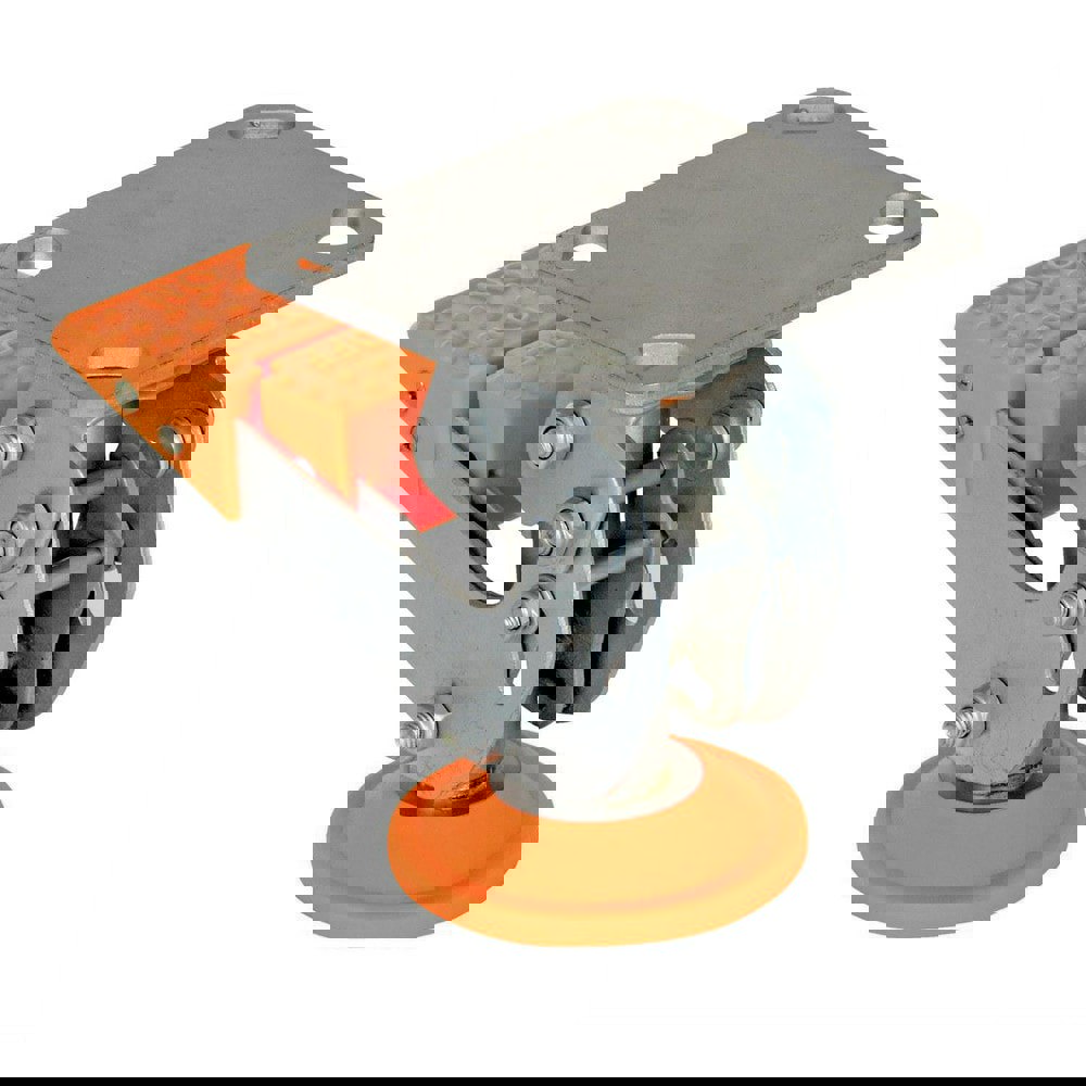 Floor Locks; Wheel Diameter: 5 in; Retracted Height: 5.438 in; Extended Height: 6.63 in; Top Plate Size: 3.94 x 4.5 in; Bolt Hole Spacing: 2-9/16 X 3-3/16 (Inside) in; 3-3/16 X 3-11/16 (Outside) in; Top Plate Thickness: 0.19 in; Minimum Height: 5.63 in; M
