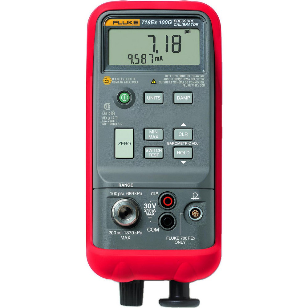 ATEX II 1G Ex ia IIC T4 Compliant. Built-in pressure / vacuum hand pump, with fine adjust vernier and bleed valve. 30, 100, and 300 psi ranges (2, 7, and 20 bar). Pressure measurement to 0.05% of full span, using an internal pressure sensor. Pressure meas