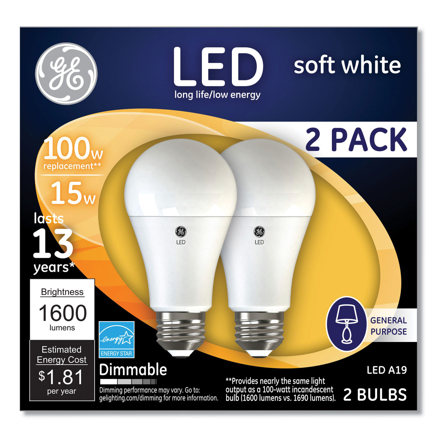 BULB,SW,100W,A19,2/PK